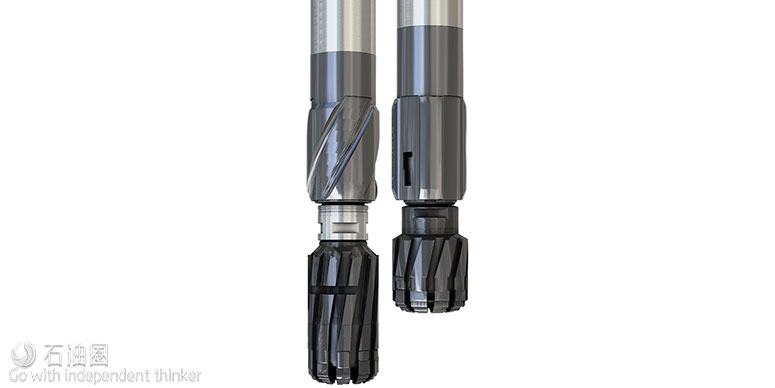  图6. 左图：长保径母扣钻头和标准的涡轮钻具；相比右图：Turbopower ASD涡轮钻具及短保径母扣钻头。